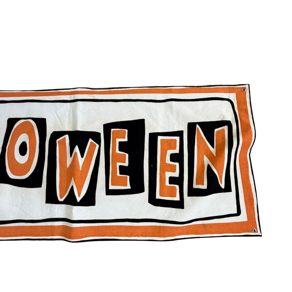 POTTERY BARN Banner White Orange Happy Halloween Jack-O-Lantern Long Spooky